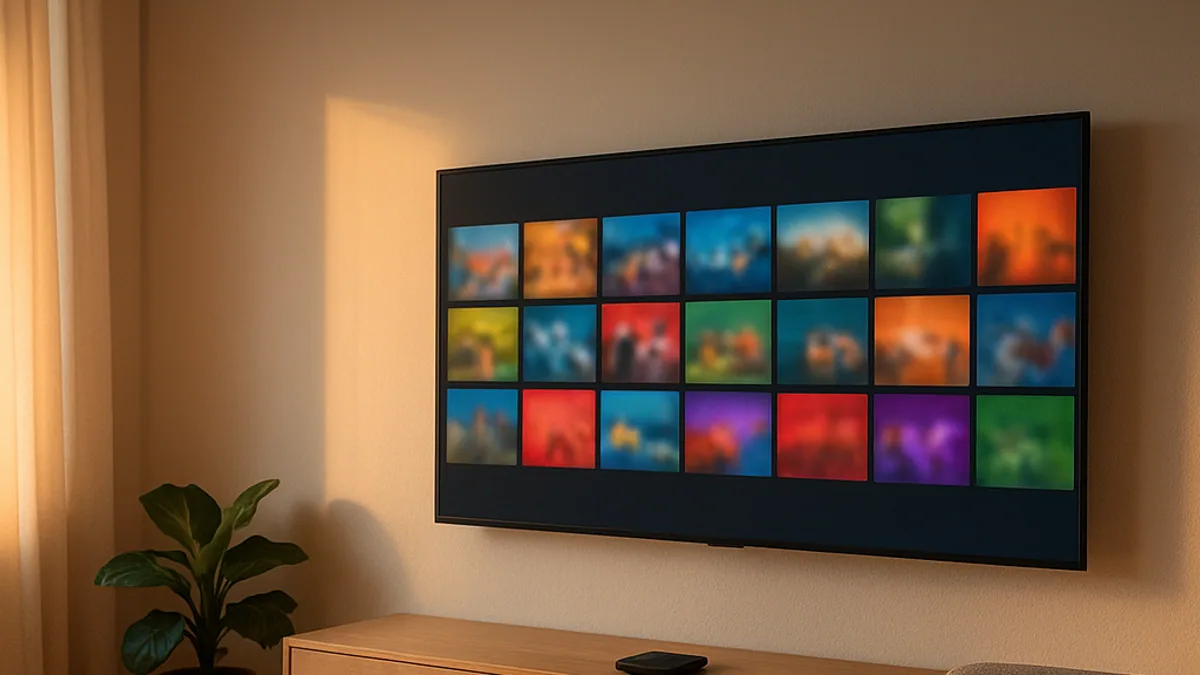 Sala organizada com a lista de canais aberta na tela da smart TV