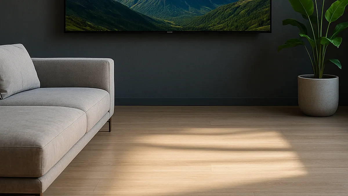 TV grande na sala mostrando montanhas com imagem muito nítida