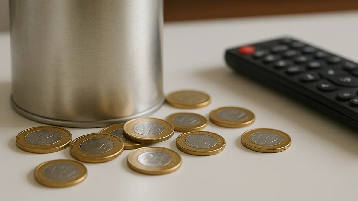Cofrinho com moedas ao lado do controle remoto na estante da sala