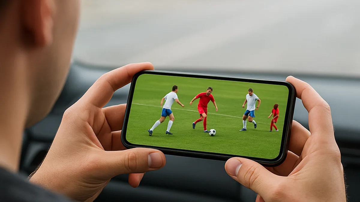 Passageiro vendo o jogo no celular no banco de trás de um carro parado