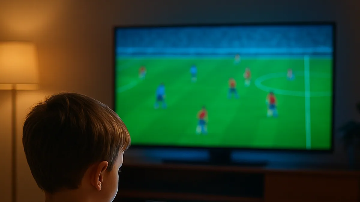 TV da sala com futebol e tablet com desenho animado ligados ao mesmo tempo