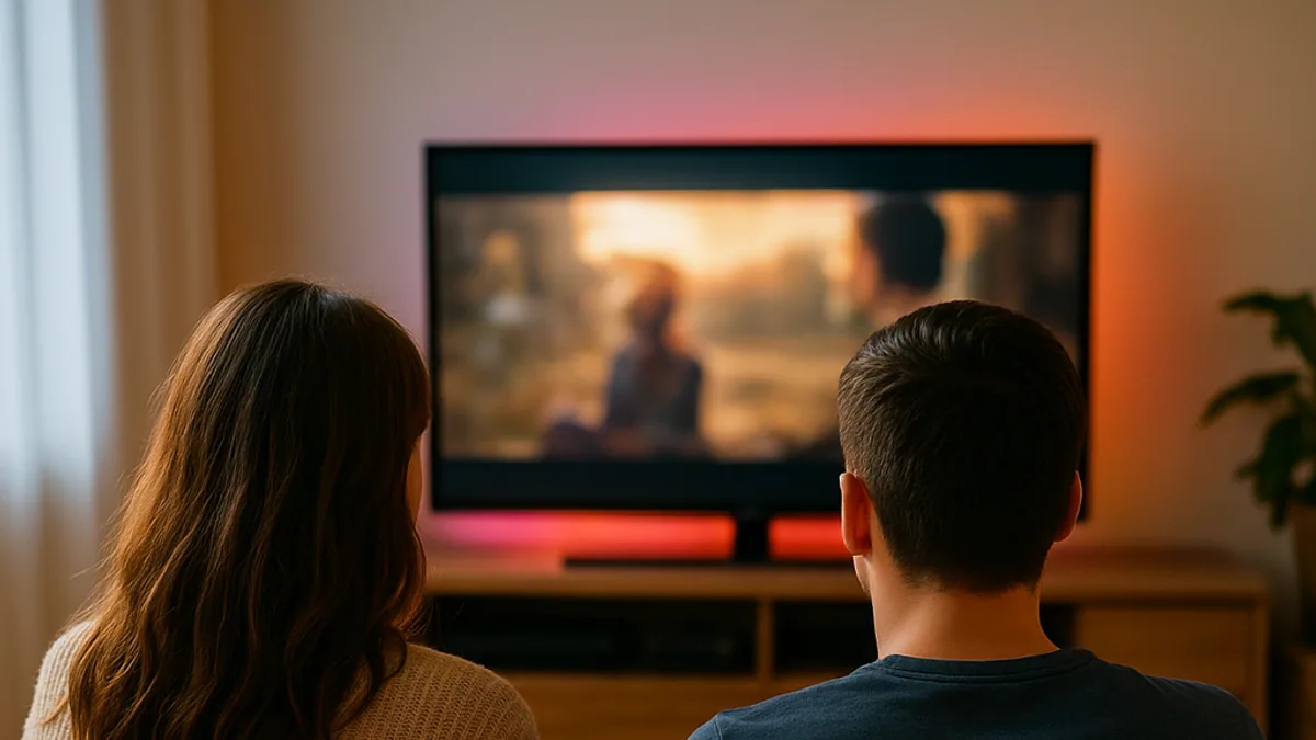 Casal assistindo a um filme sentado em almofadas no chão da sala