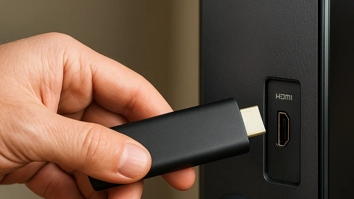 Mão encaixando o stick de streaming na TV