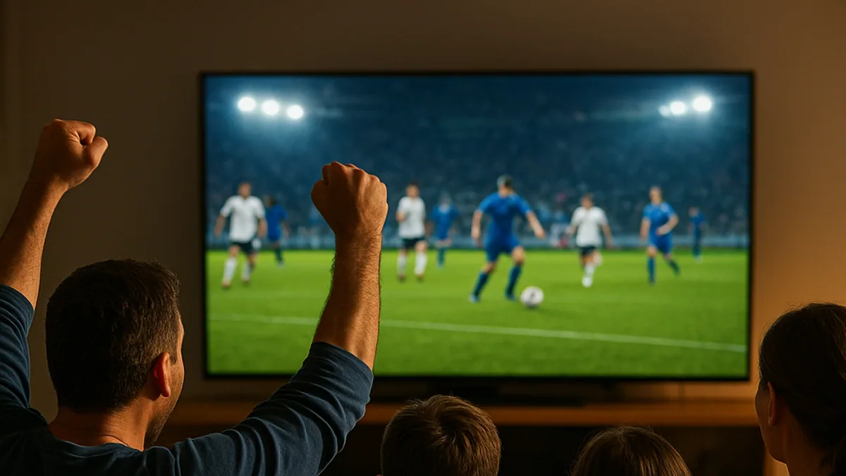Família torcendo no sofá diante de um jogo de futebol na TV