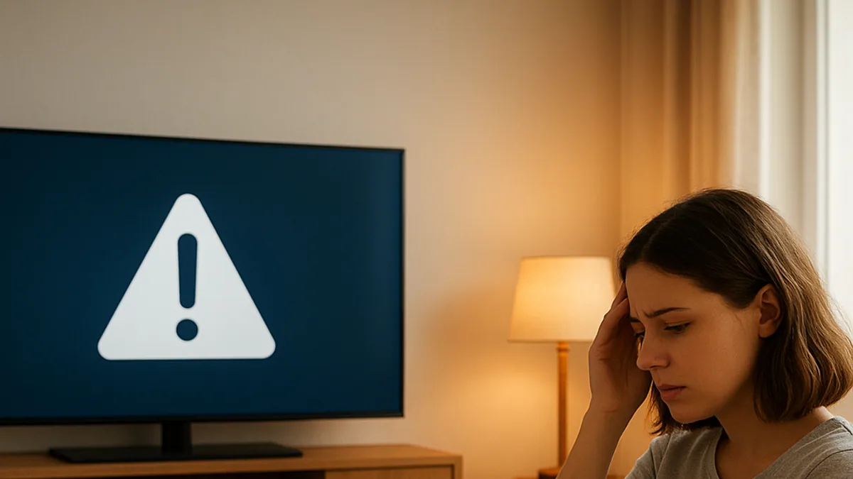 Tela de aviso na TV da sala e uma pessoa olhando o celular no sofá