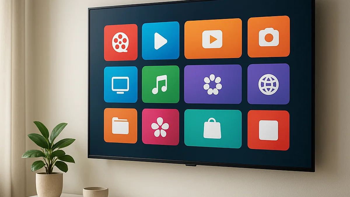 Smart TV mostrando a tela inicial com fileiras de aplicativos