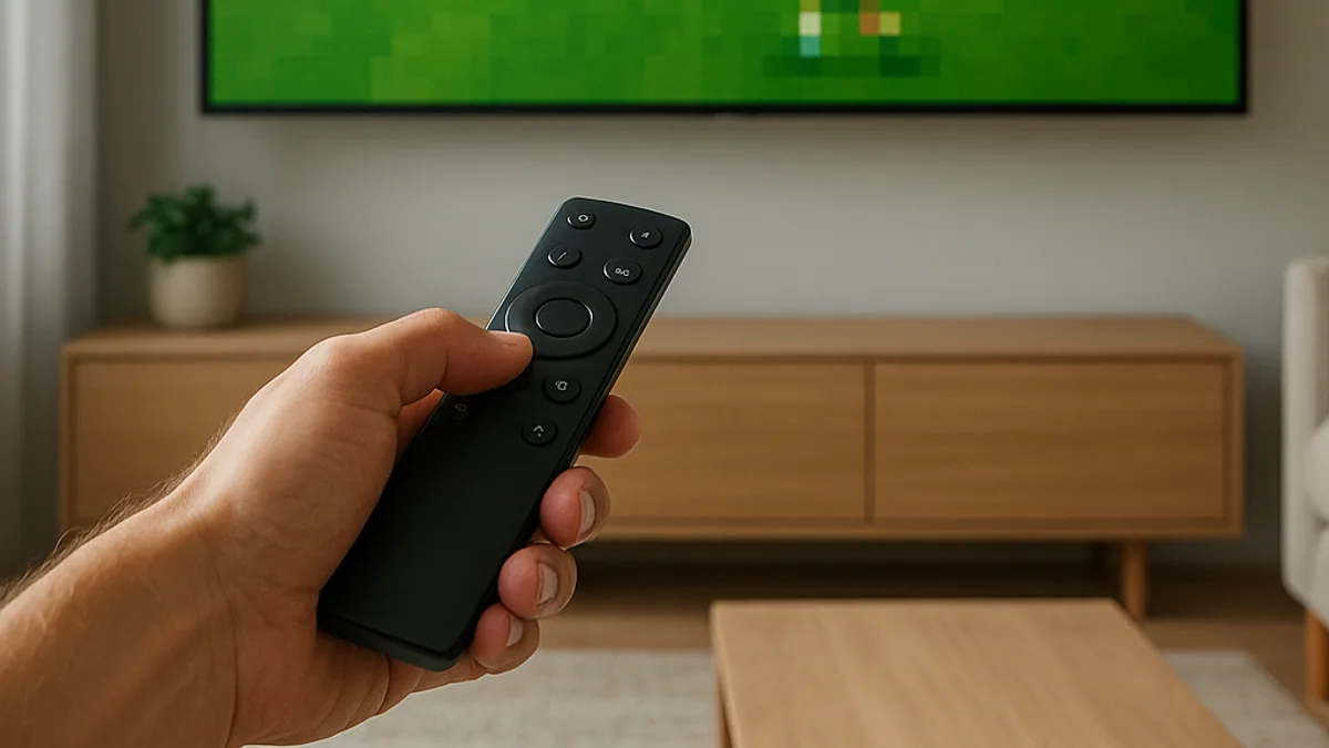 Imagem pixelada e travada de um jogo na TV, com o controle remoto na mão