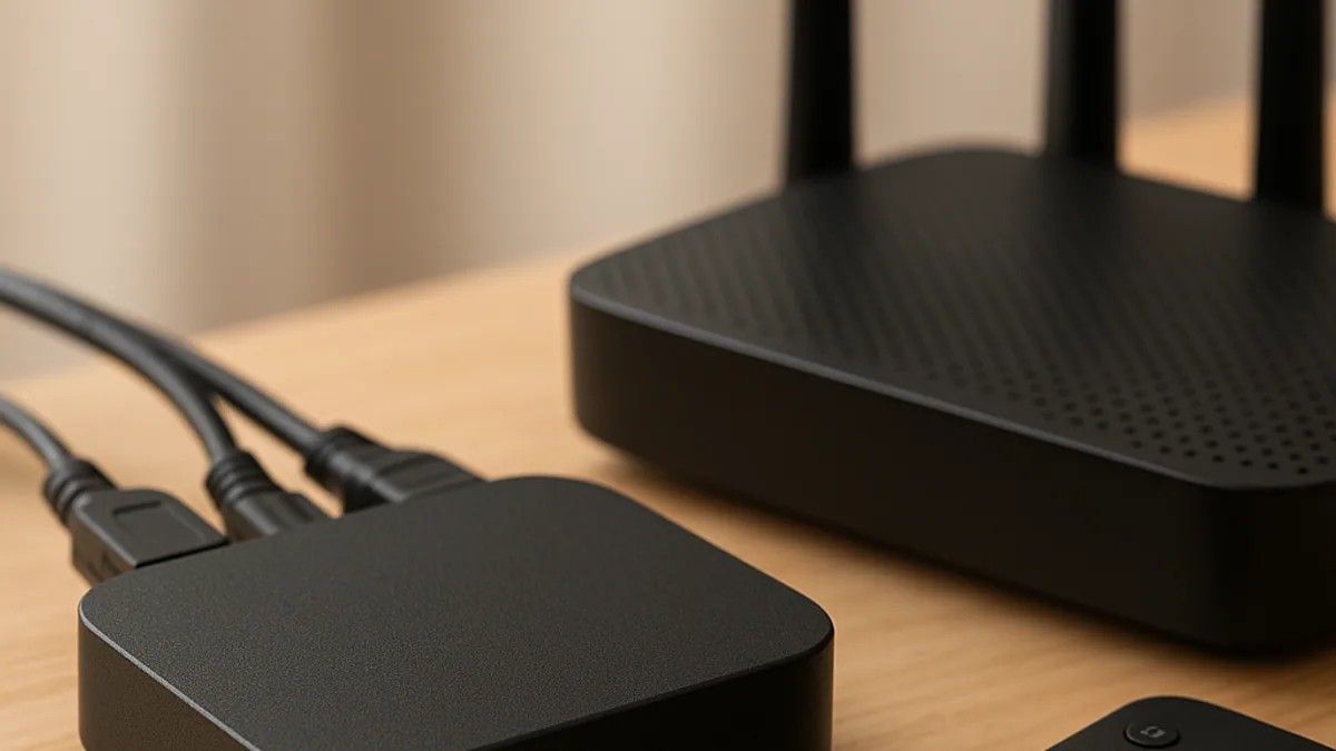 TV Box ligada no rack ao lado do roteador