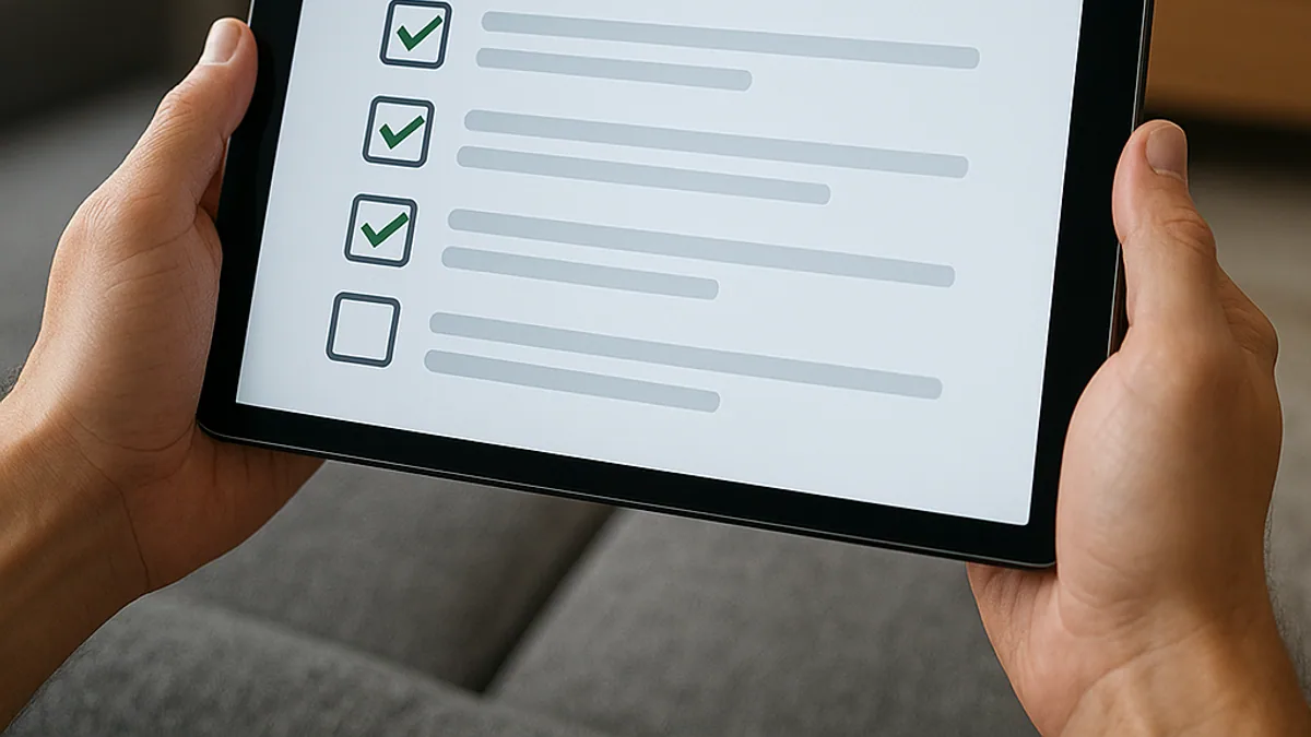 Tablet com uma lista de verificação diante da TV da sala