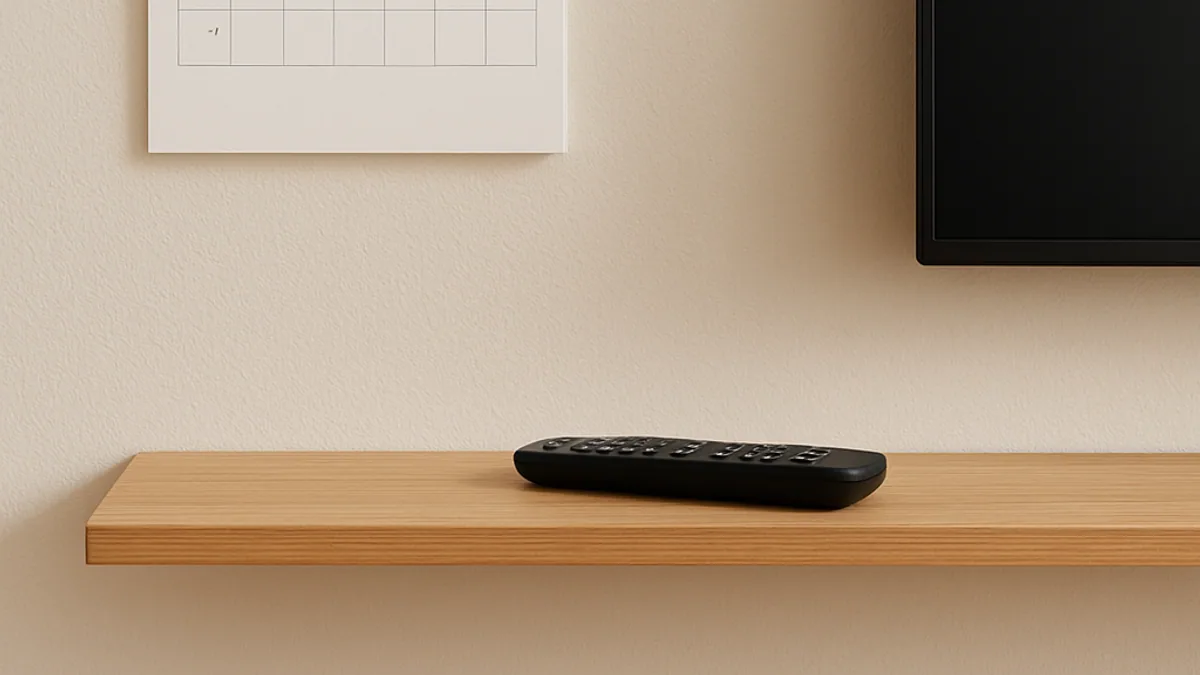 Calendário de parede com datas marcadas ao lado da TV e do controle remoto