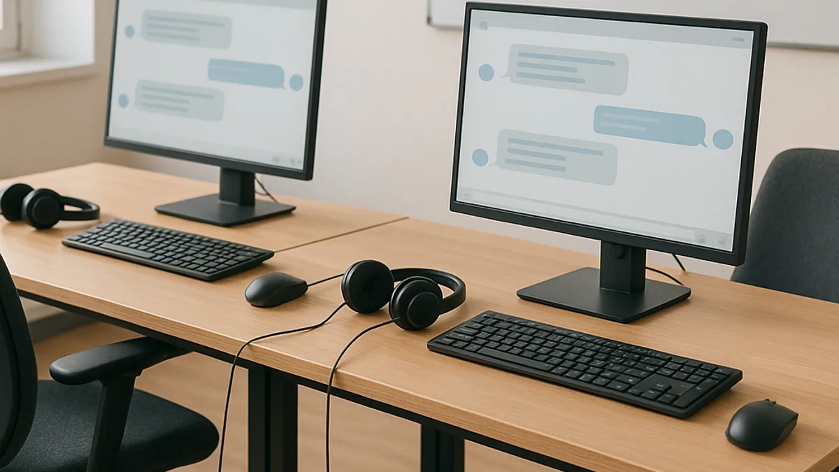 Central de atendimento com computadores, headsets e quadro de post-its