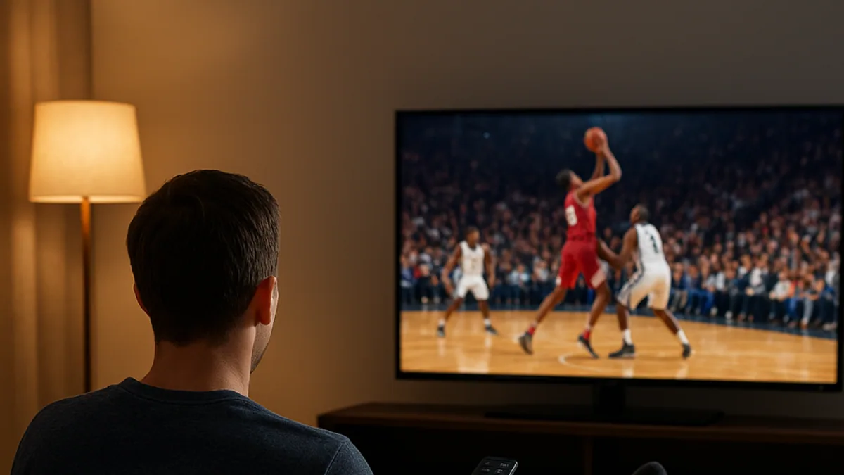 Pessoa no sofá à noite assistindo a um jogo de futebol na TV