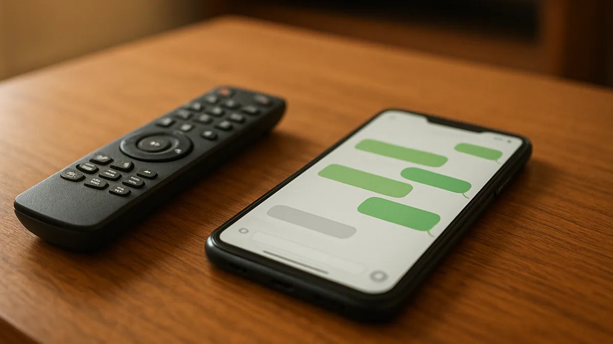 Controle remoto e celular com o login do teste aberto sobre a mesa de centro