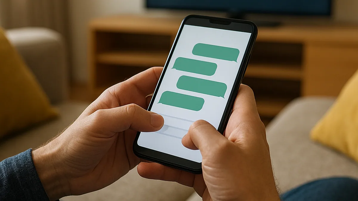 Mãos no celular pedindo o teste pelo WhatsApp com a TV ao fundo