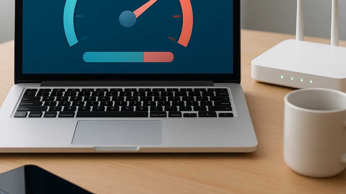 Notebook medindo a velocidade da internet ao lado do roteador